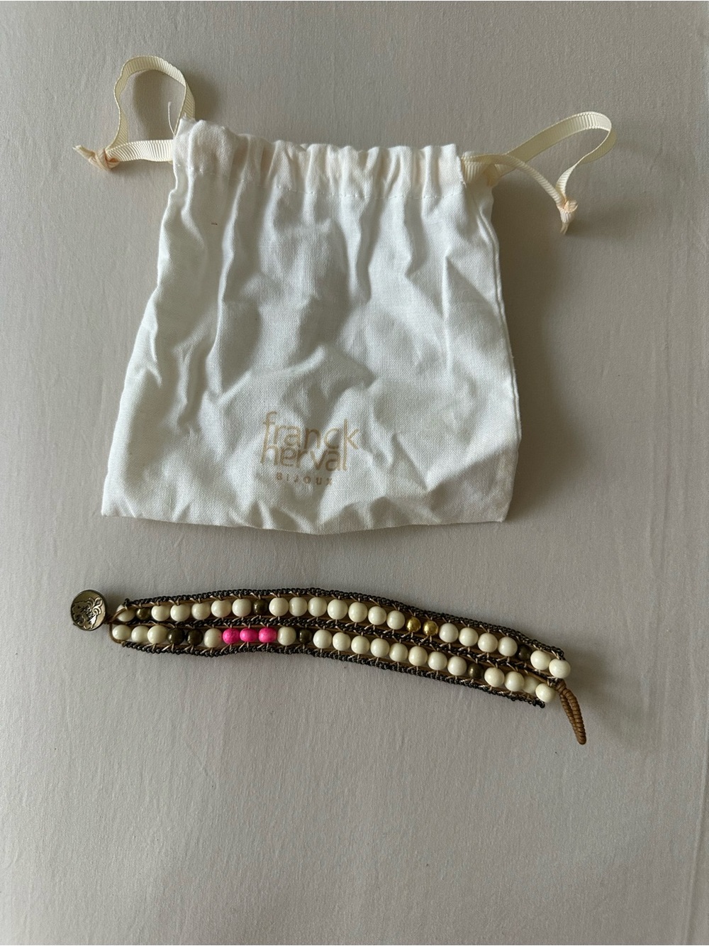 Franck Herval Ivory Beaded Wrap Bracelet with Pink Accent